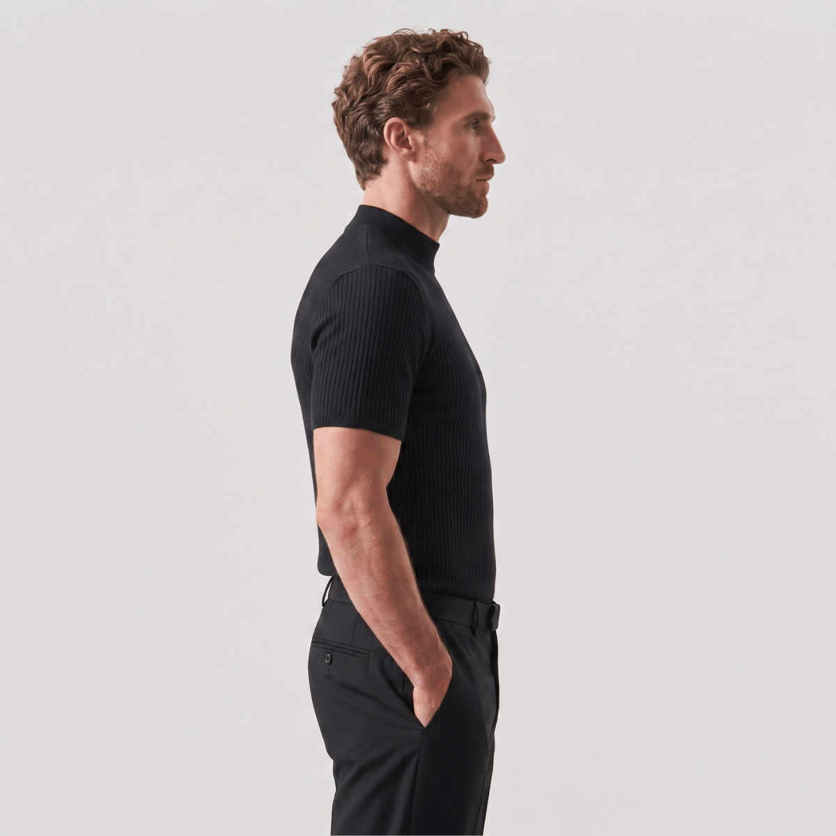 Camiseta Gola Alta Masculina Preta Slim