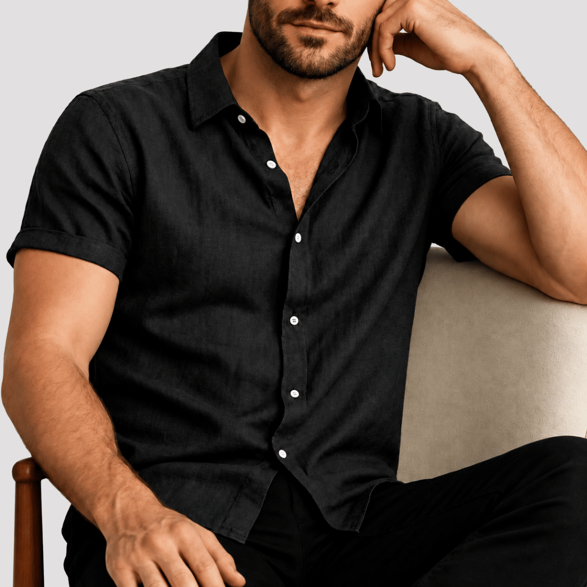 Camisa Masculina de Linho com Botão de Manga Curta
