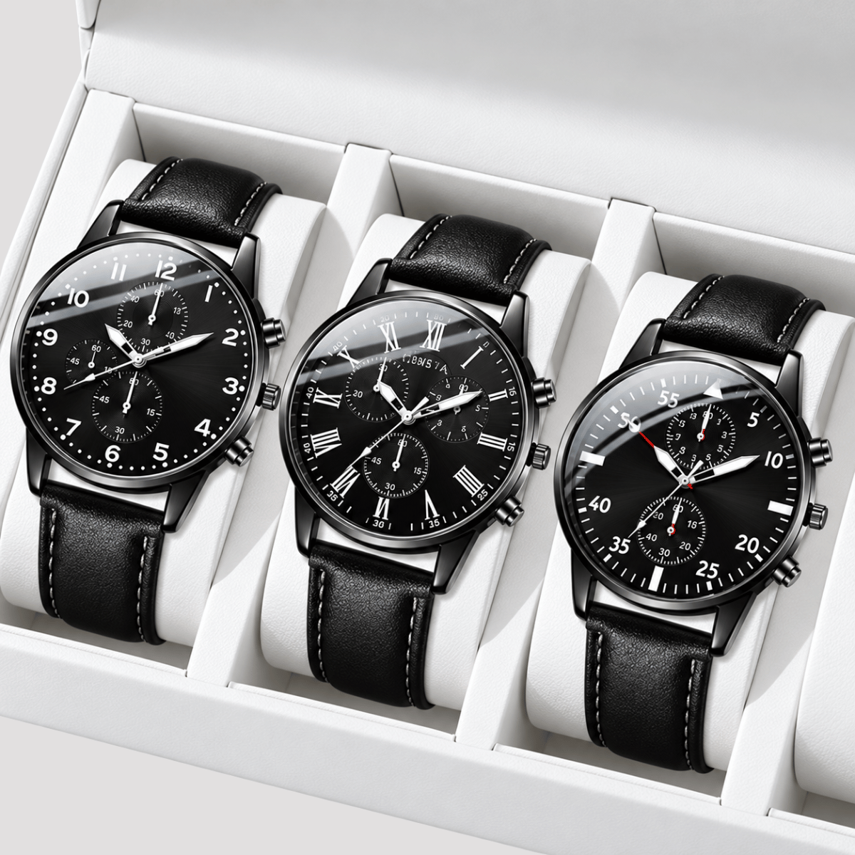 Kit de 3 Relógios de Pulso Masculino Estilo Social e Mostrador Preto