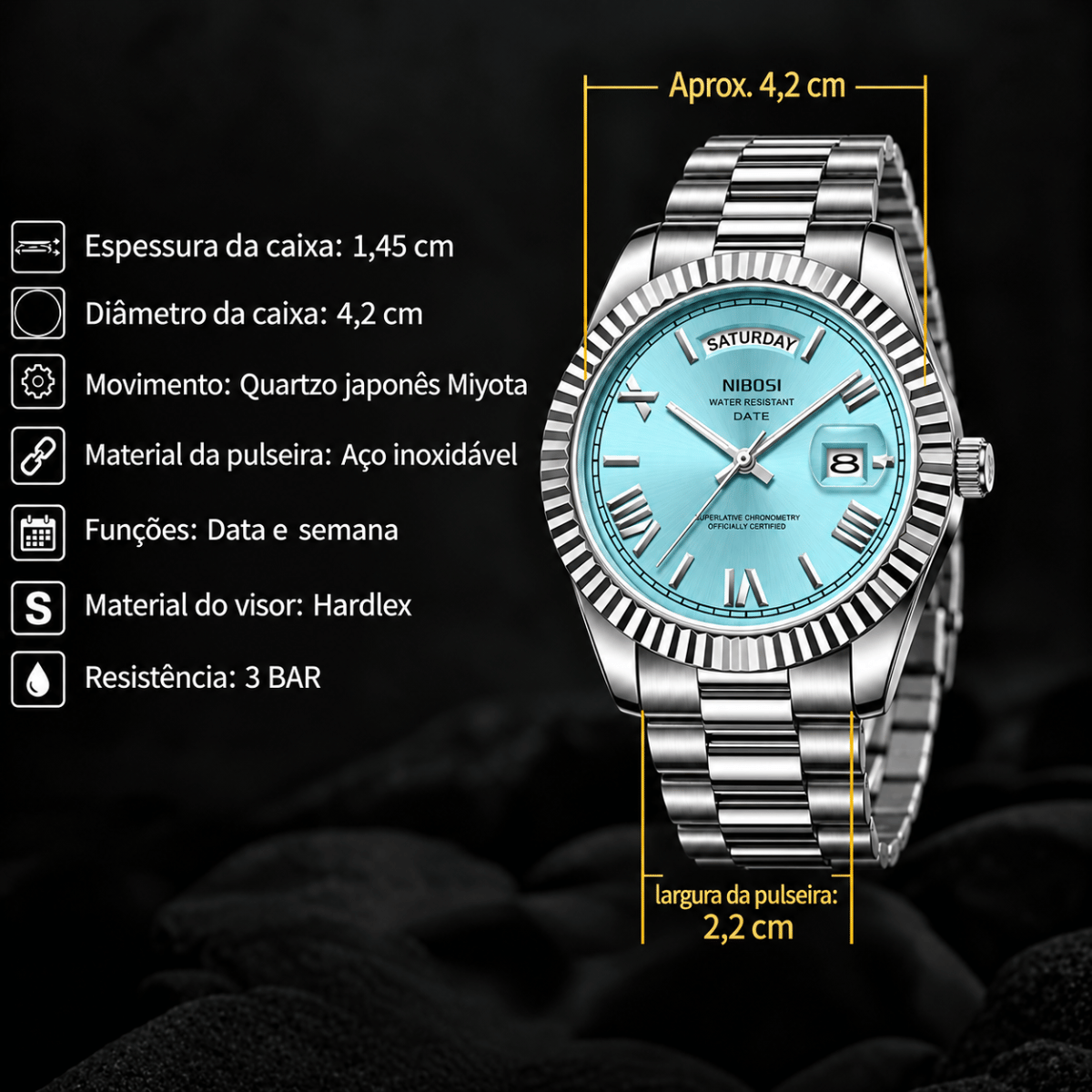 Relógio Masculino Pulseira Presidente e Calendário Duplo