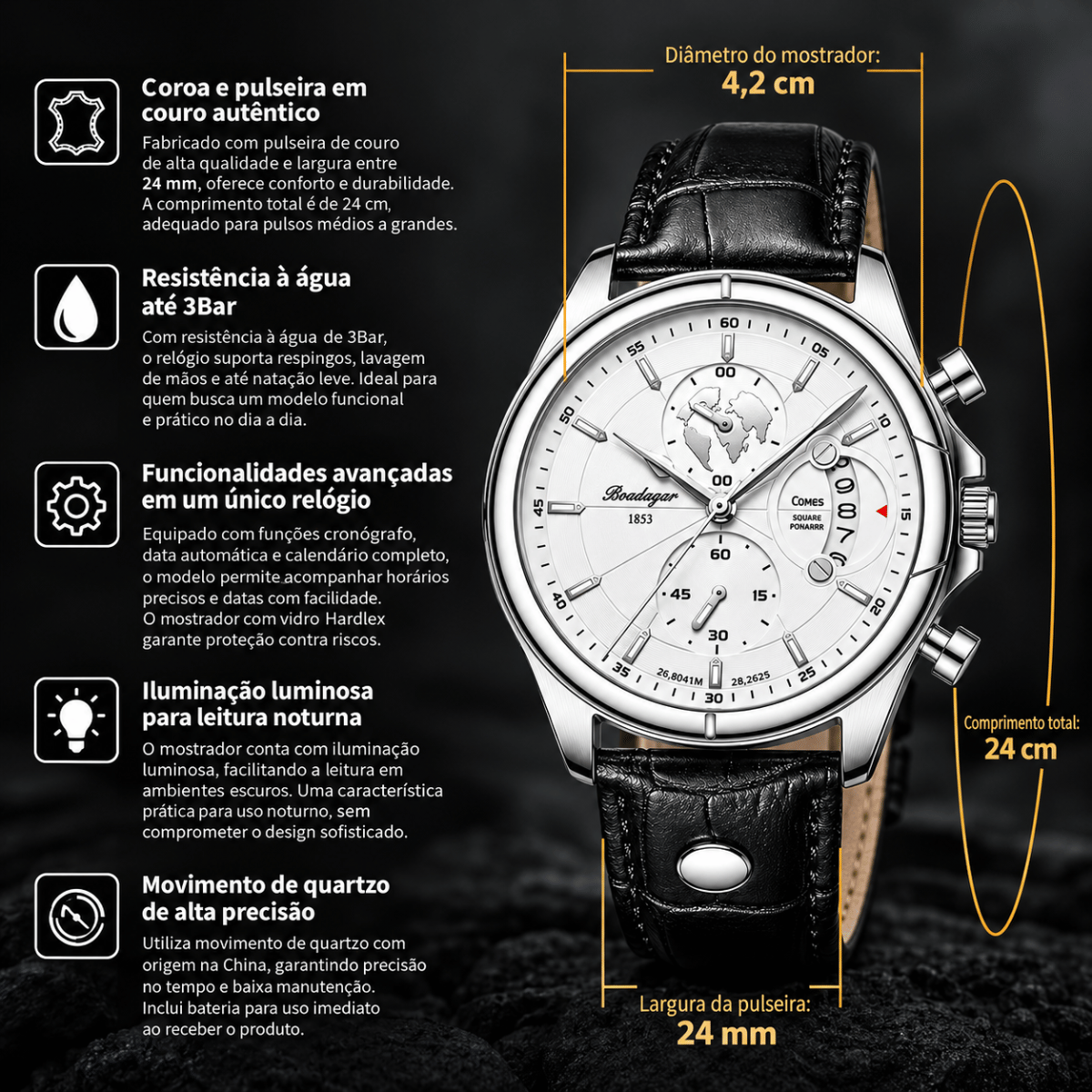 Relógio de Pulso Masculino Cronógrafo Calendário e Design Clássico