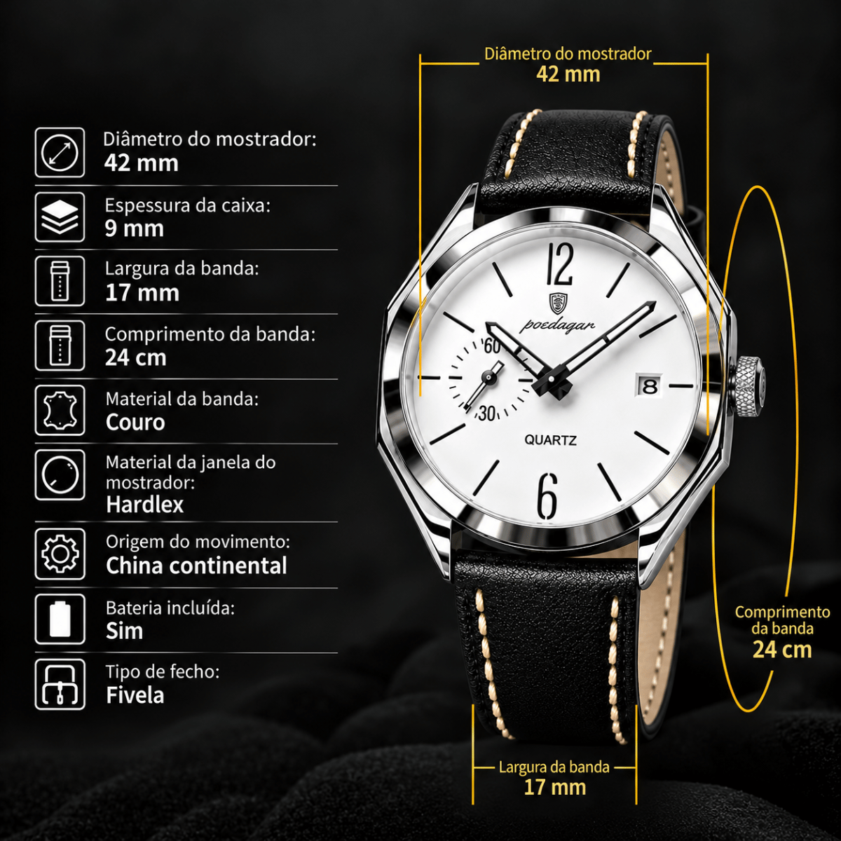 Relógio Masculino de Pulso Design Octogonal e Caixa Prateada