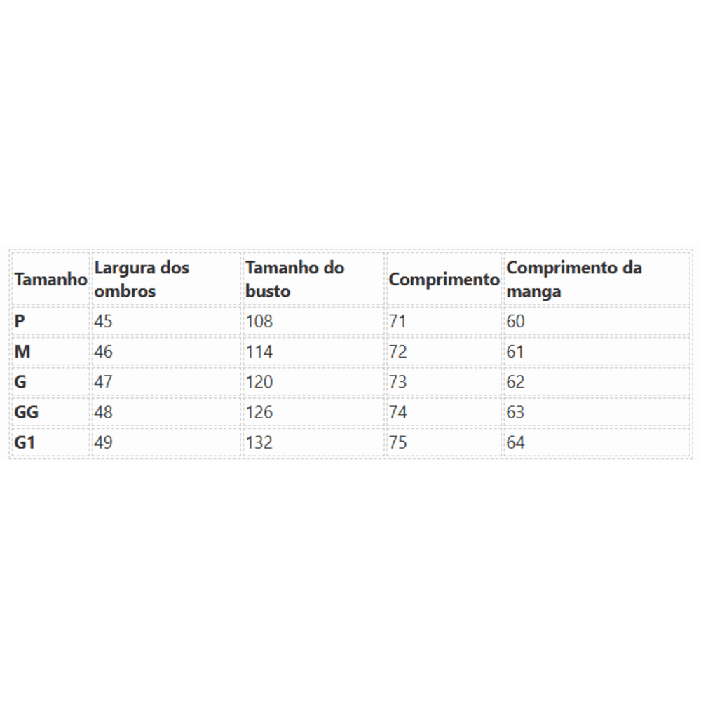Tabela de Medidas