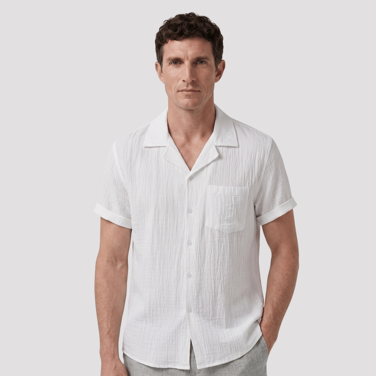 Camisa de linho masculina manga curta com bolso