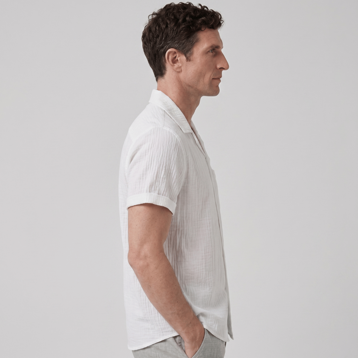 Camisa de linho masculina manga curta com bolso