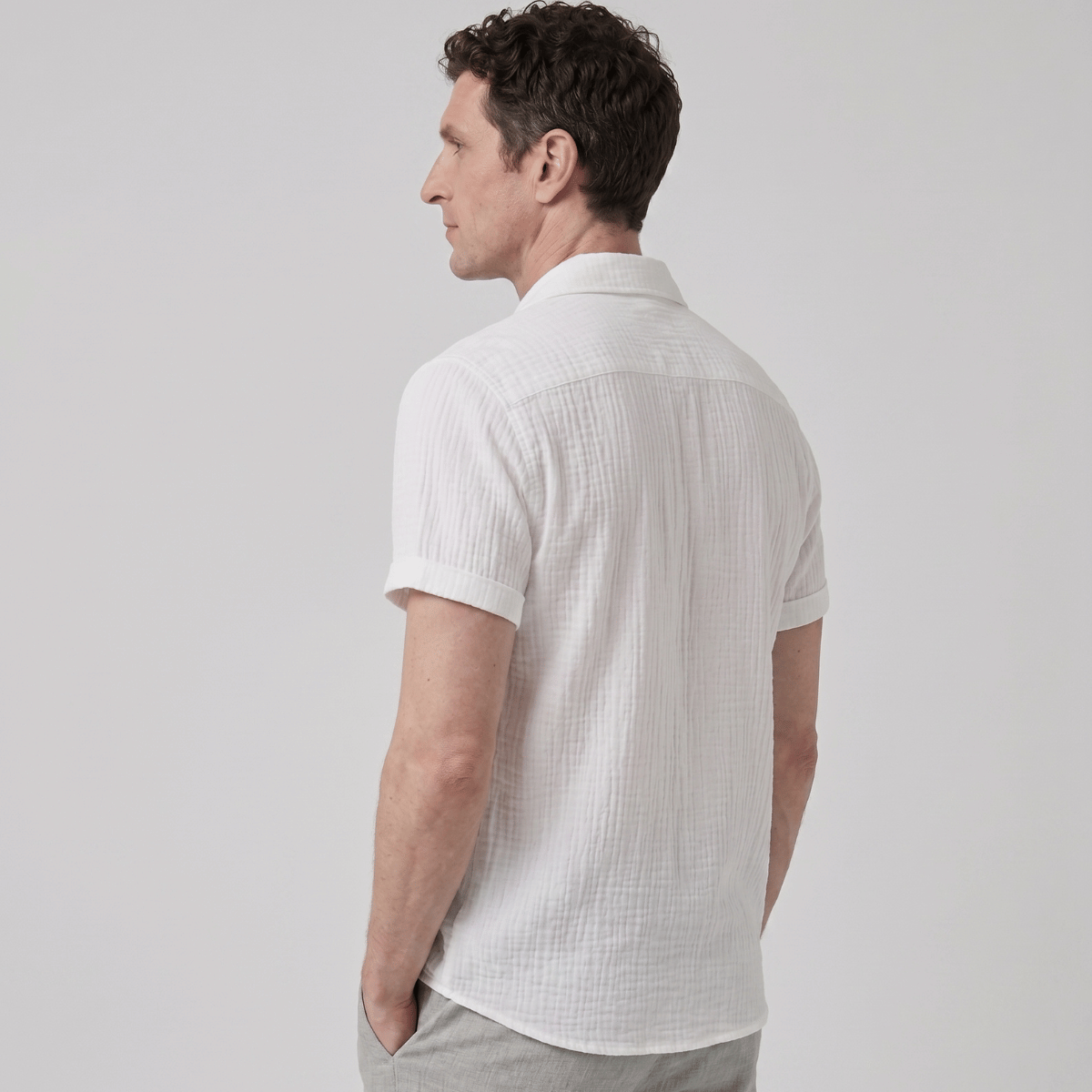 Camisa de linho masculina manga curta com bolso