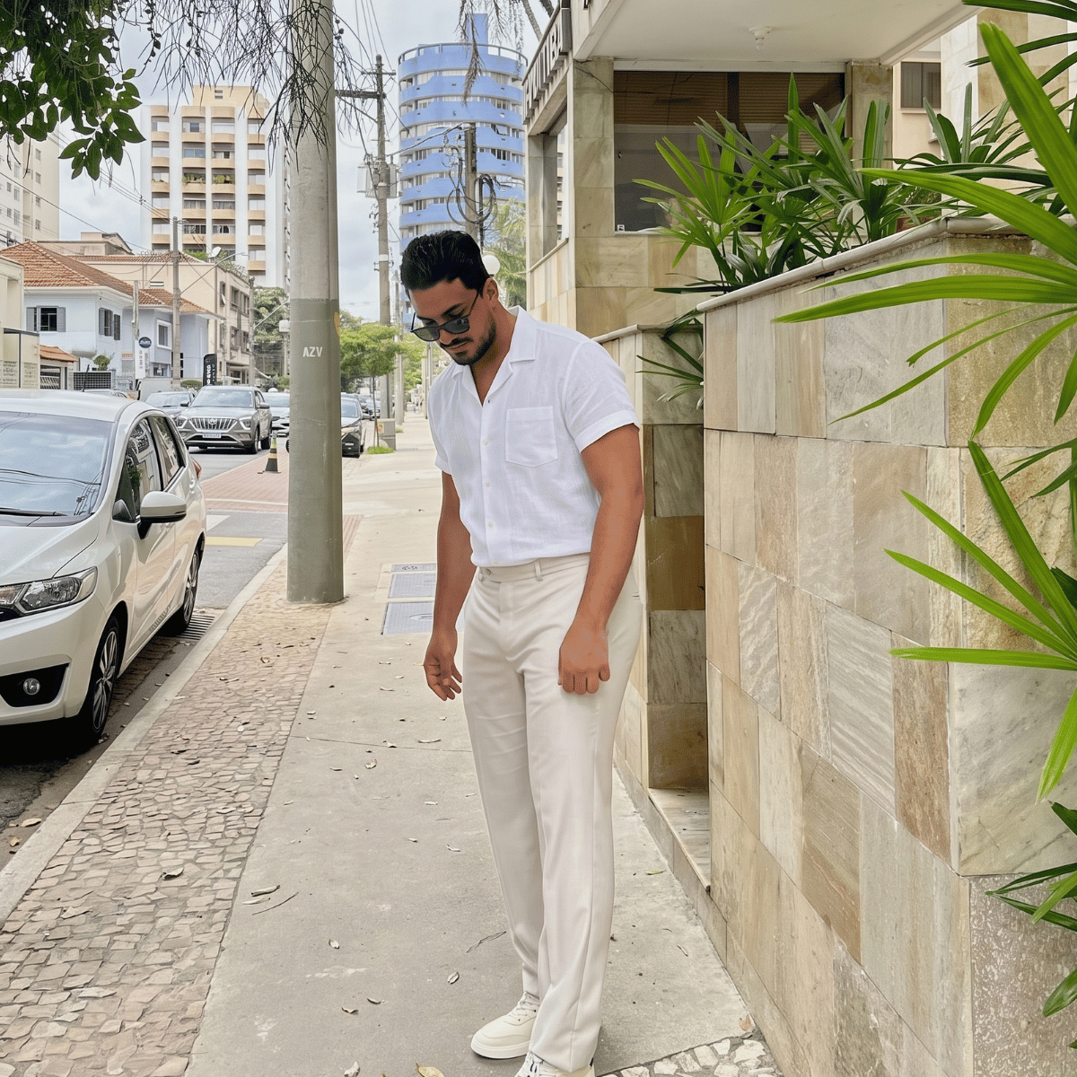 Camisa de linho masculina manga curta com bolso