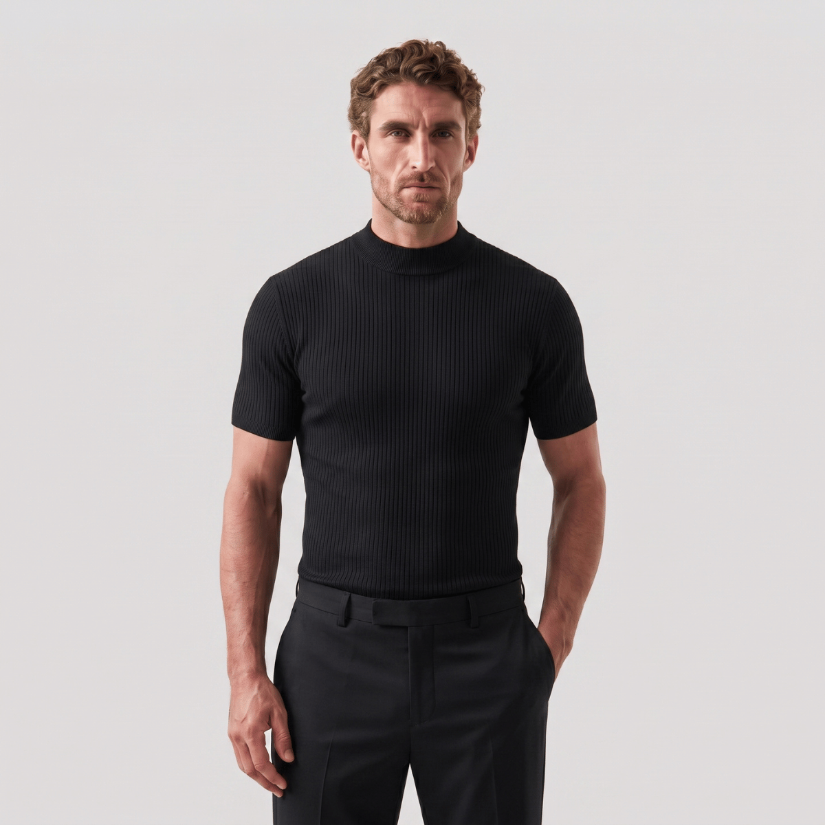 Camiseta Gola Alta Masculina Preta Slim