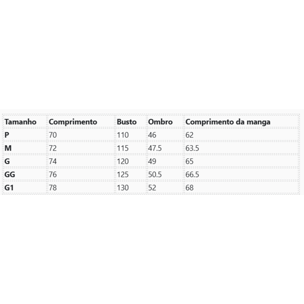 Tabela de Medidas