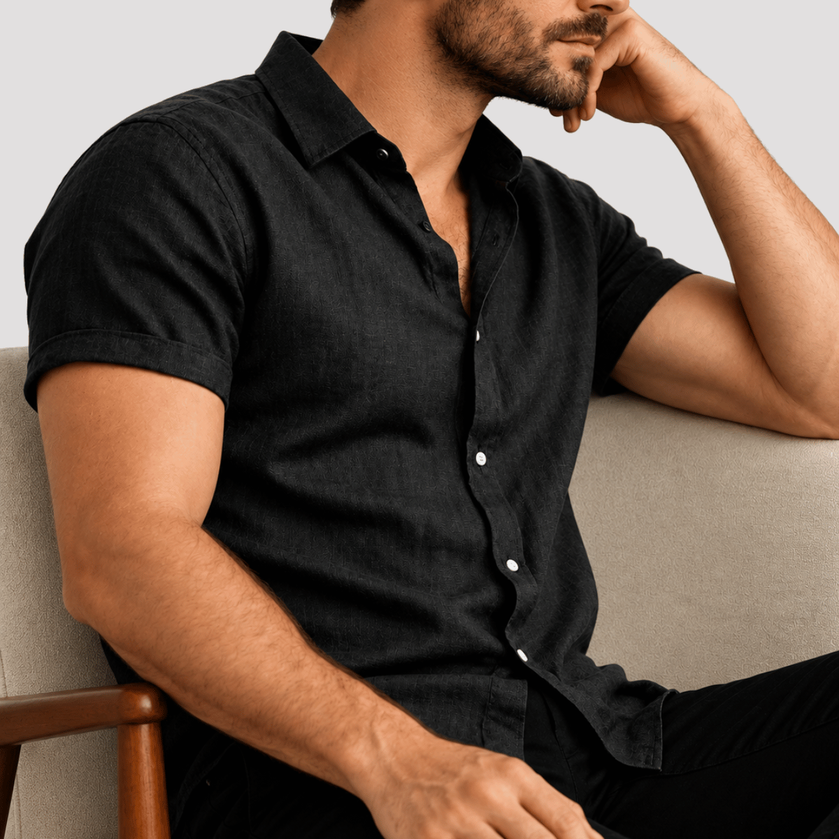 Camisa Masculina de Linho com Botão de Manga Curta