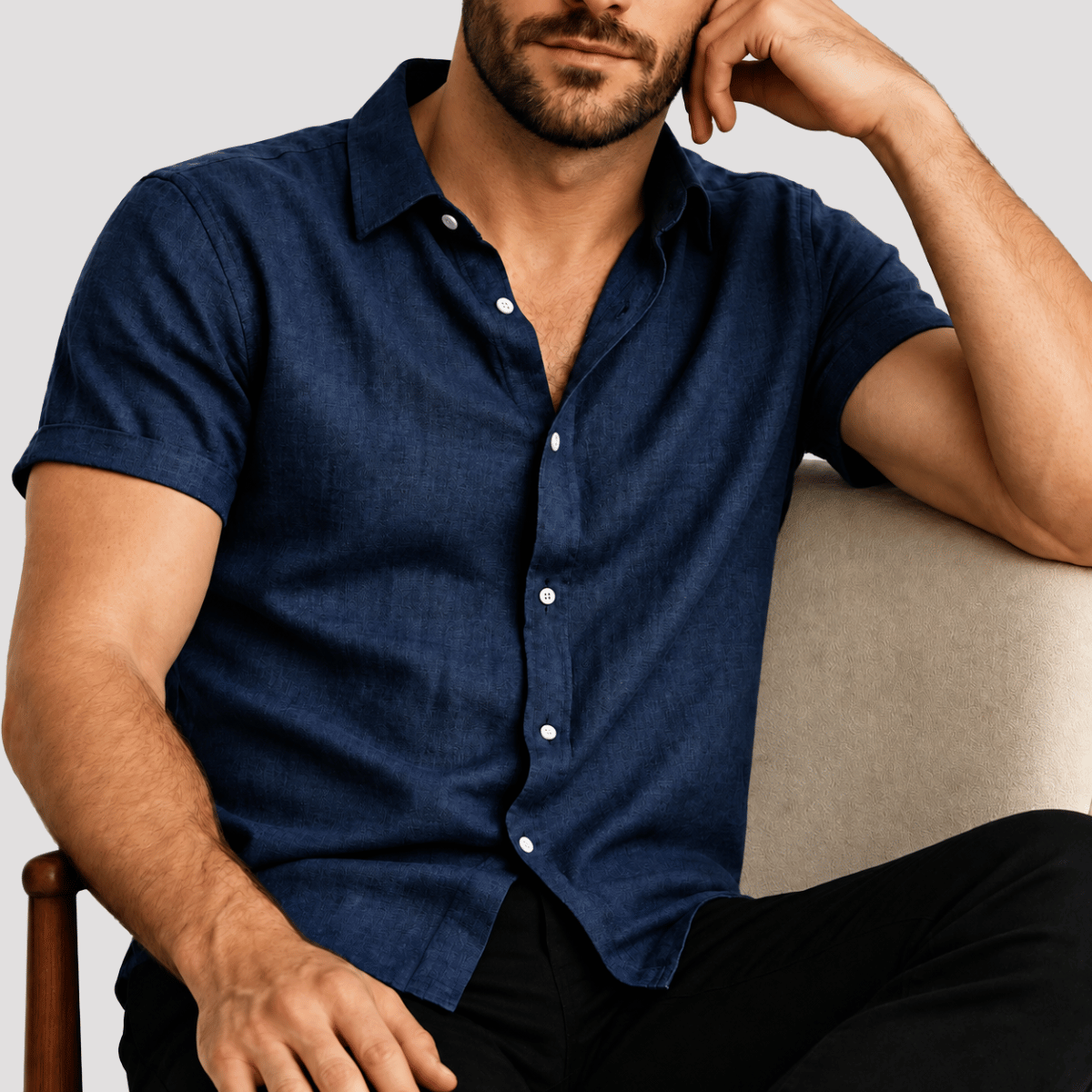 Camisa Masculina de Linho com Botão de Manga Curta