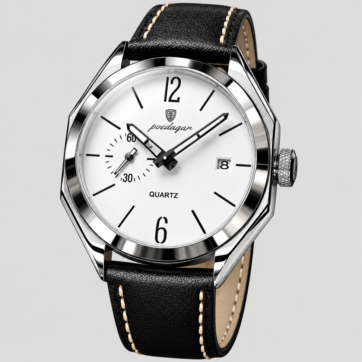 Relógio Masculino de Pulso Design Octogonal e Caixa Prateada