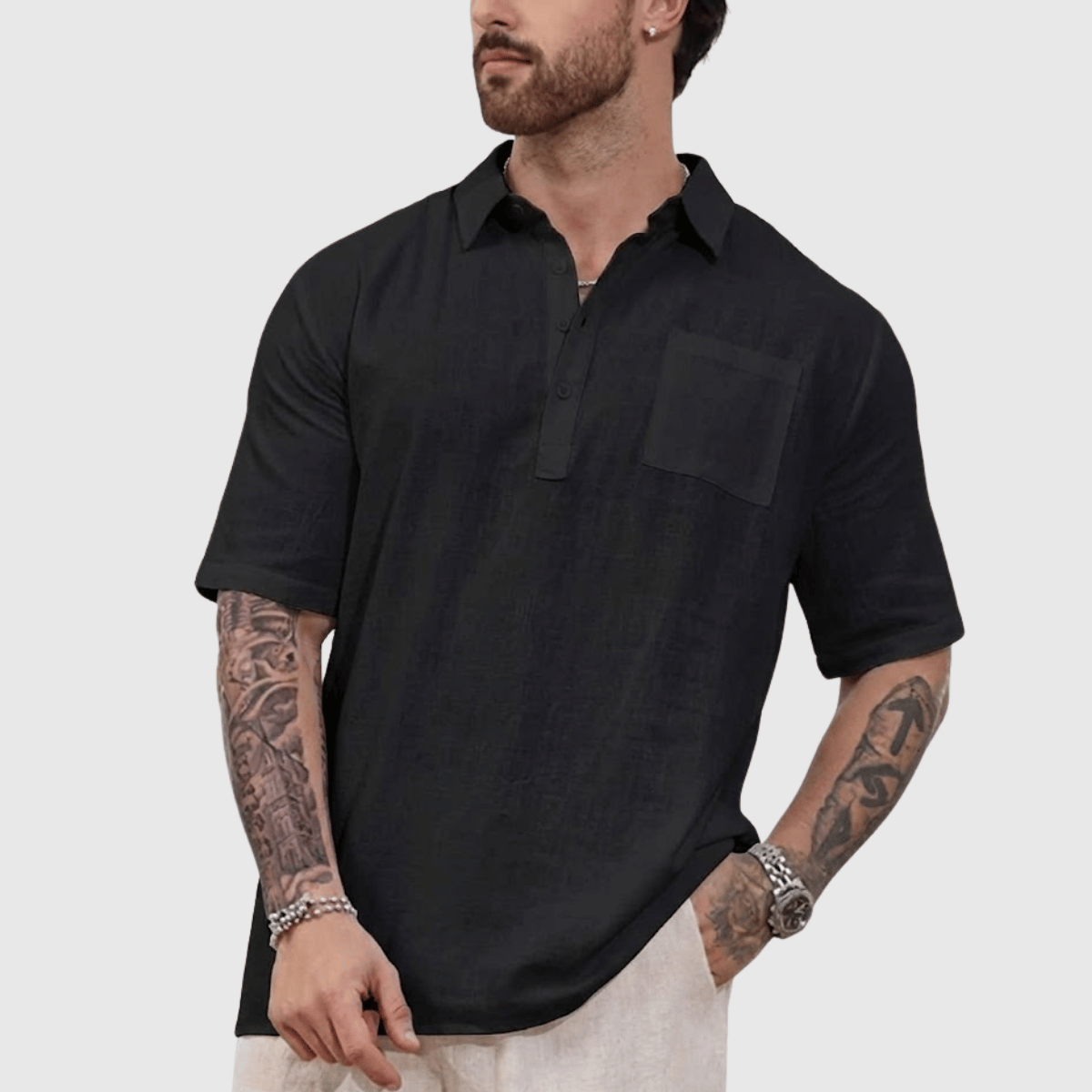 Camisa de Linho Masculina Henley com Bolso