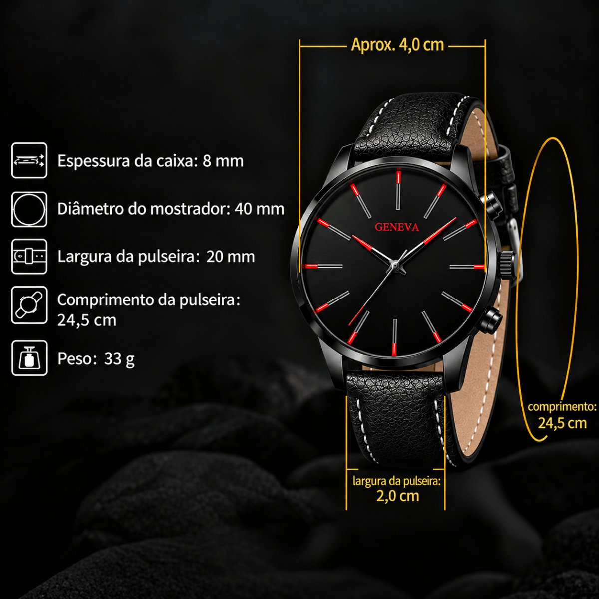 Kit de 3 Relógios de Pulso Mostrador Preto e Design Moderno
