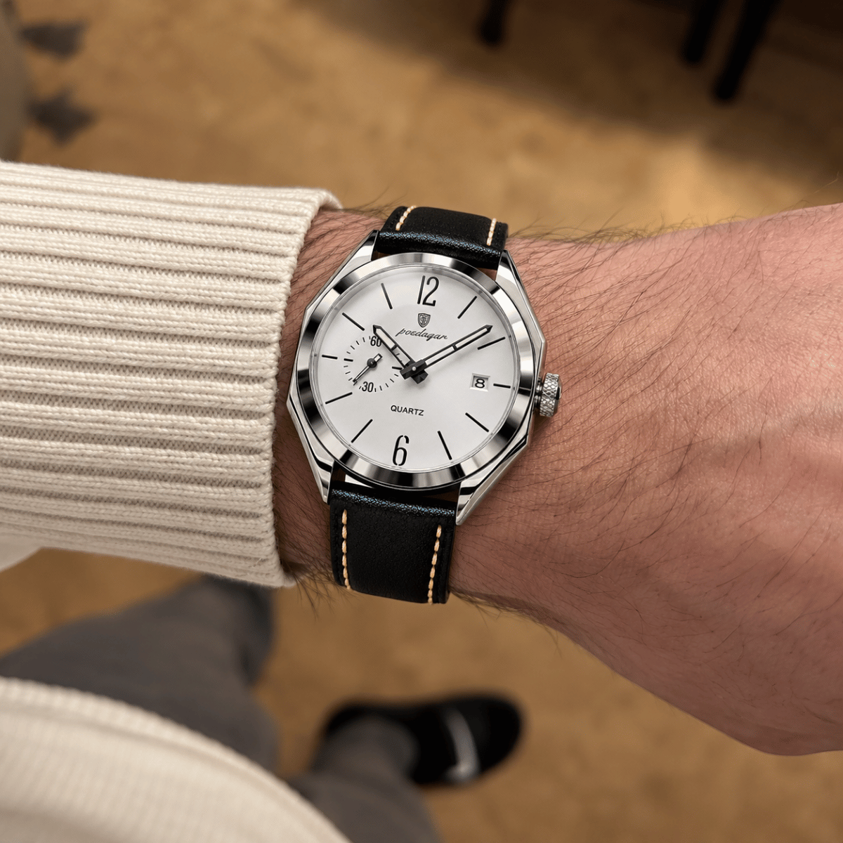 Relógio Masculino de Pulso Design Octogonal e Caixa Prateada
