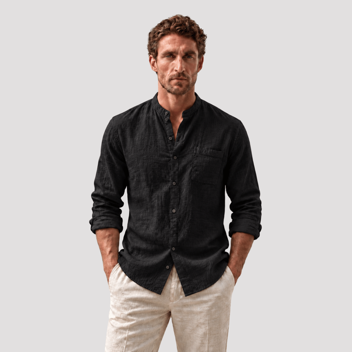 Camisa Masculina de Linho Gola Padre