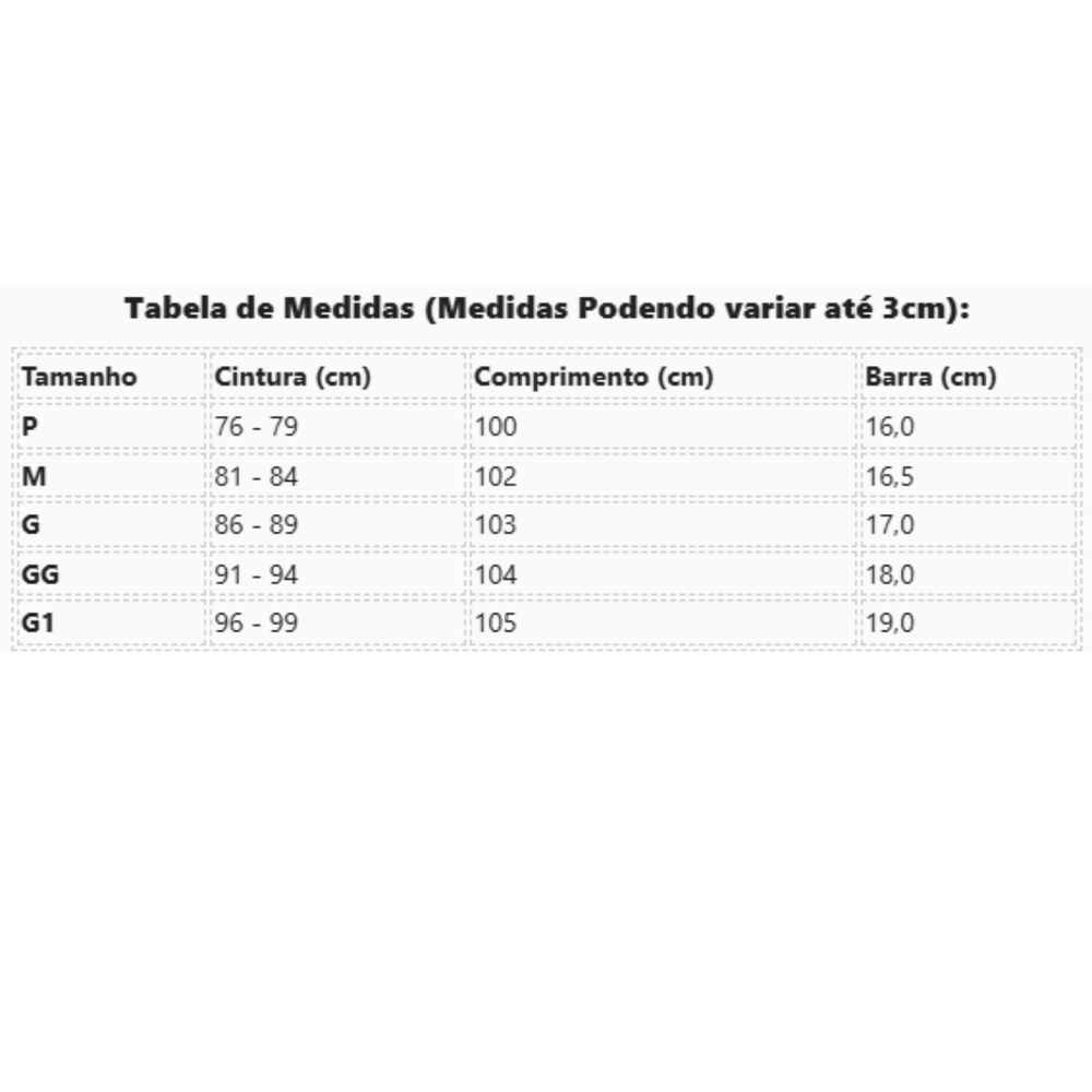 Tabela de Medidas